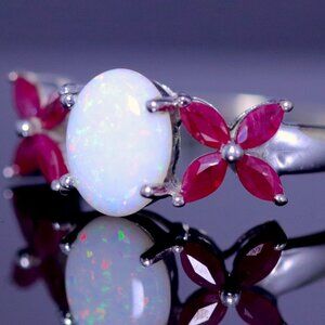 10k White Gold Opal and Ruby Ring
